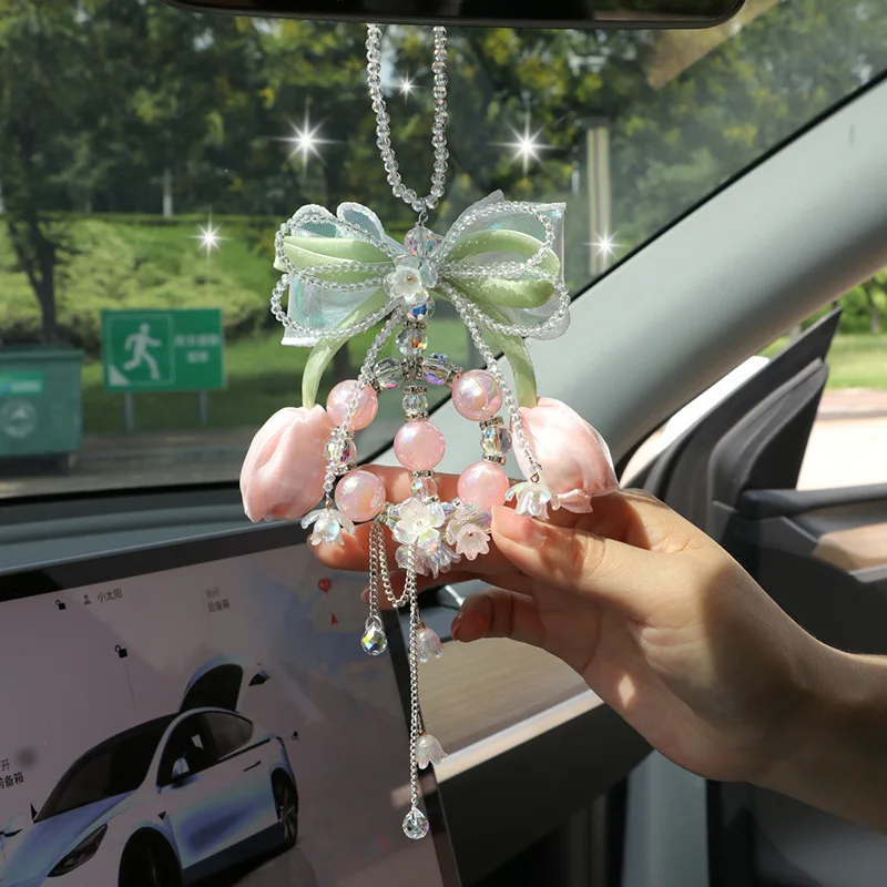 New Car Pendant Bow Crystal Creative Tulip Pendant Interior Rearview Mirror Decoration Supplies High-end Handmade Car Pendant
