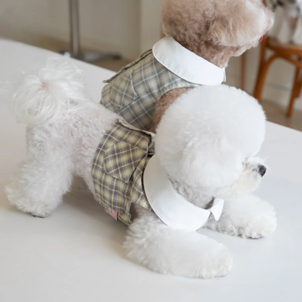 Spring/Summer Checker Chest Strap Dog Skirt Tulip Bow Bichon Teddy Short Skirt Dog Harness and Leash Set Dog Accessories