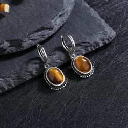 Fine 925 Sterling Silver Natural Tiger eye Earring for Women Vintage Elegant Labradorite Moonstone Jewelry Wedding Birthday Gift