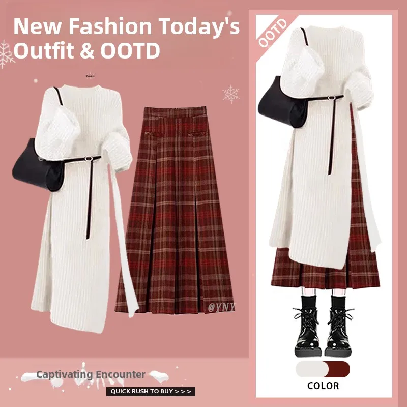 

Autumn Winter Women's Knitted Long Sweater Coat Set with Red Plaid Skirt Two-Piece Faionable Ensemble round Ne Long ...