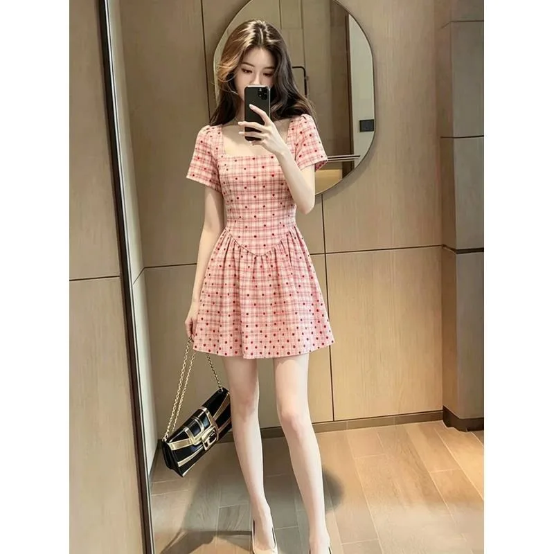 Women Clothes Summer Korean Fashion Printing Contrasting Colors Square Collar Female All-match Fashionable Short Sleeve Casual D