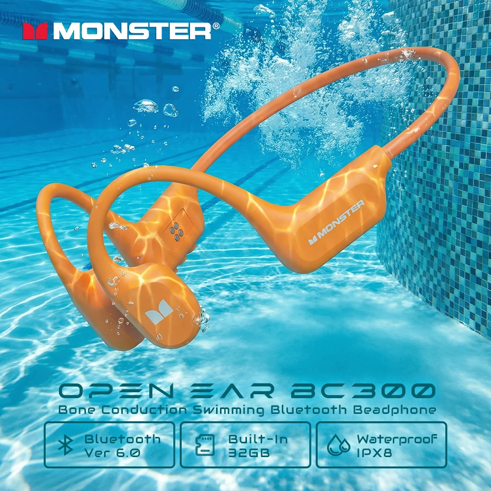 

Беспроводные наушники Monster BC300 с технологией True Bone Conduction, водонепроницаемые (IPX8), для плавания, с креплением на ухо, памятью 32 ГБ, Bluetooth 6.0, спортивные наушники