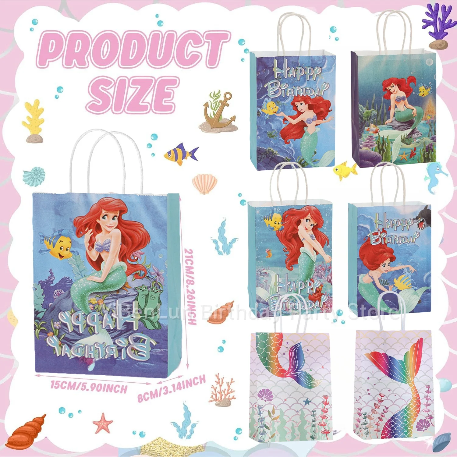 Mermaid Handle Kraft Gift Bag Birthday Decor Mermaid Paper Cookie Candy Gift Packaging Bag Baby Shower Girl Favor Party Supplies