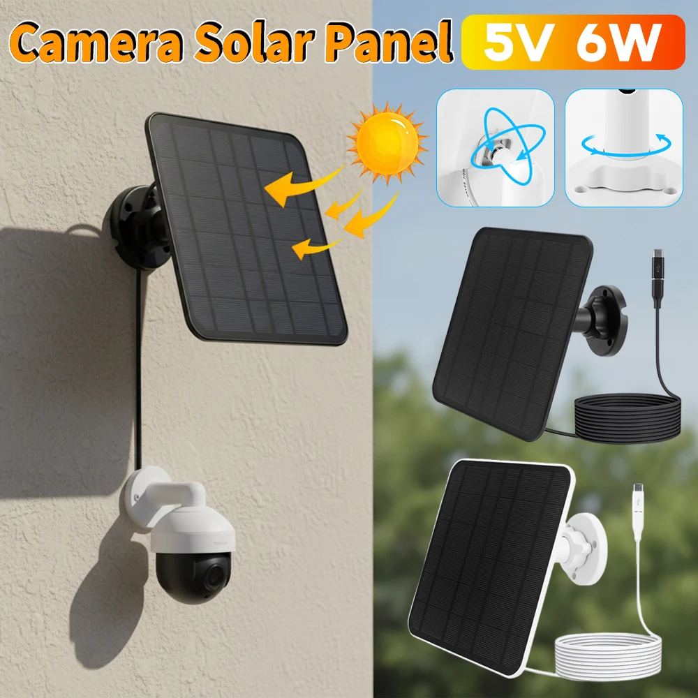 5V 6W Solar Panel Micro USB & USB-C Port Solar Cell Charger 9.2 Ft Cable 360°Adjustable Charging Panels for Outdoor Cameras