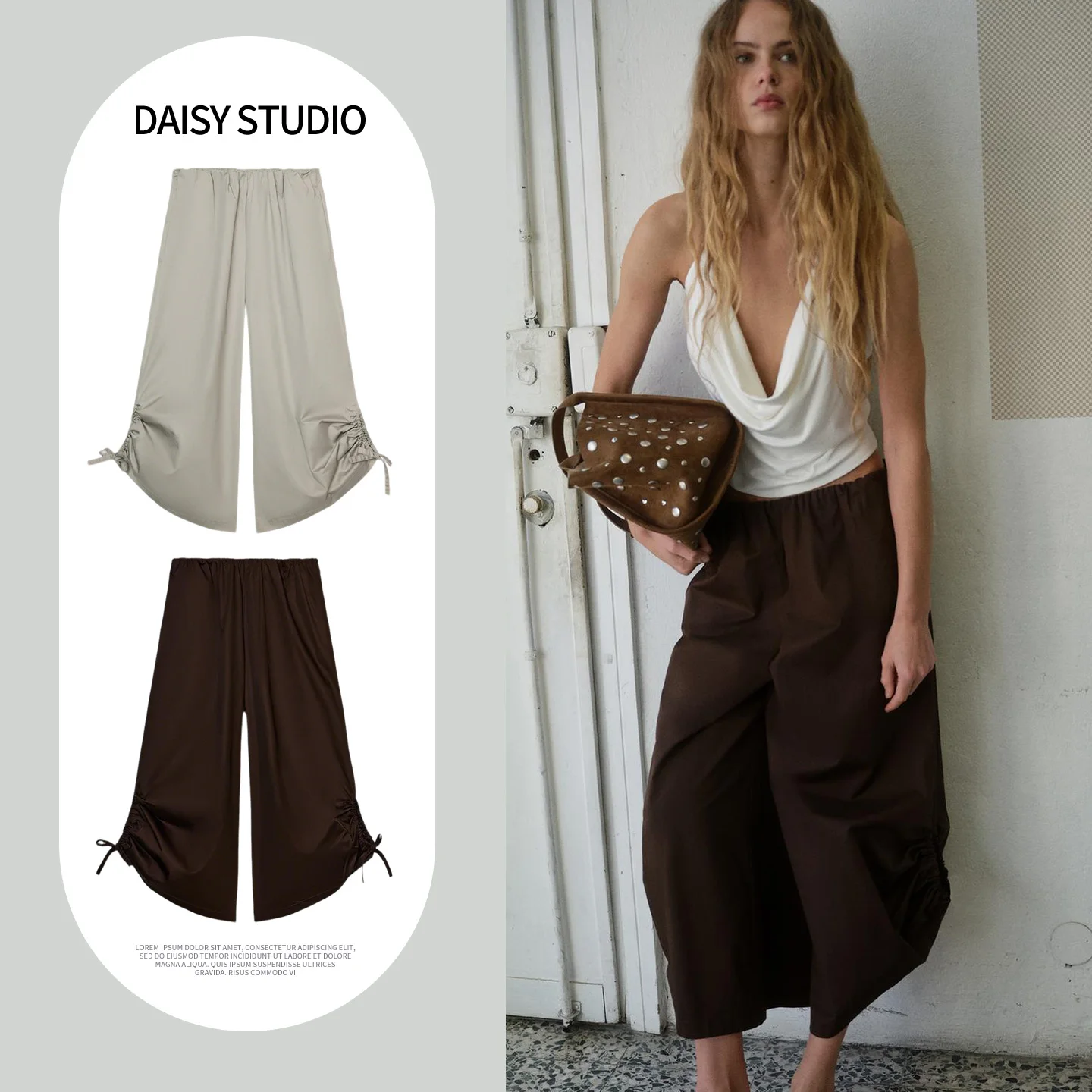 

Spring Summer New Women's Hidden Side Seam Pockets Adjustable Drawstring Waist Wide Leg Pants Casual Style Polyester Fiber