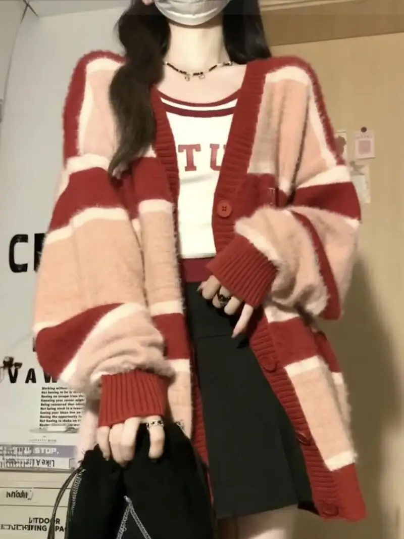 Pull femme chaud tricots manteau printemps rouge couleur bloc tricot portable Midi ample épais Cardigan