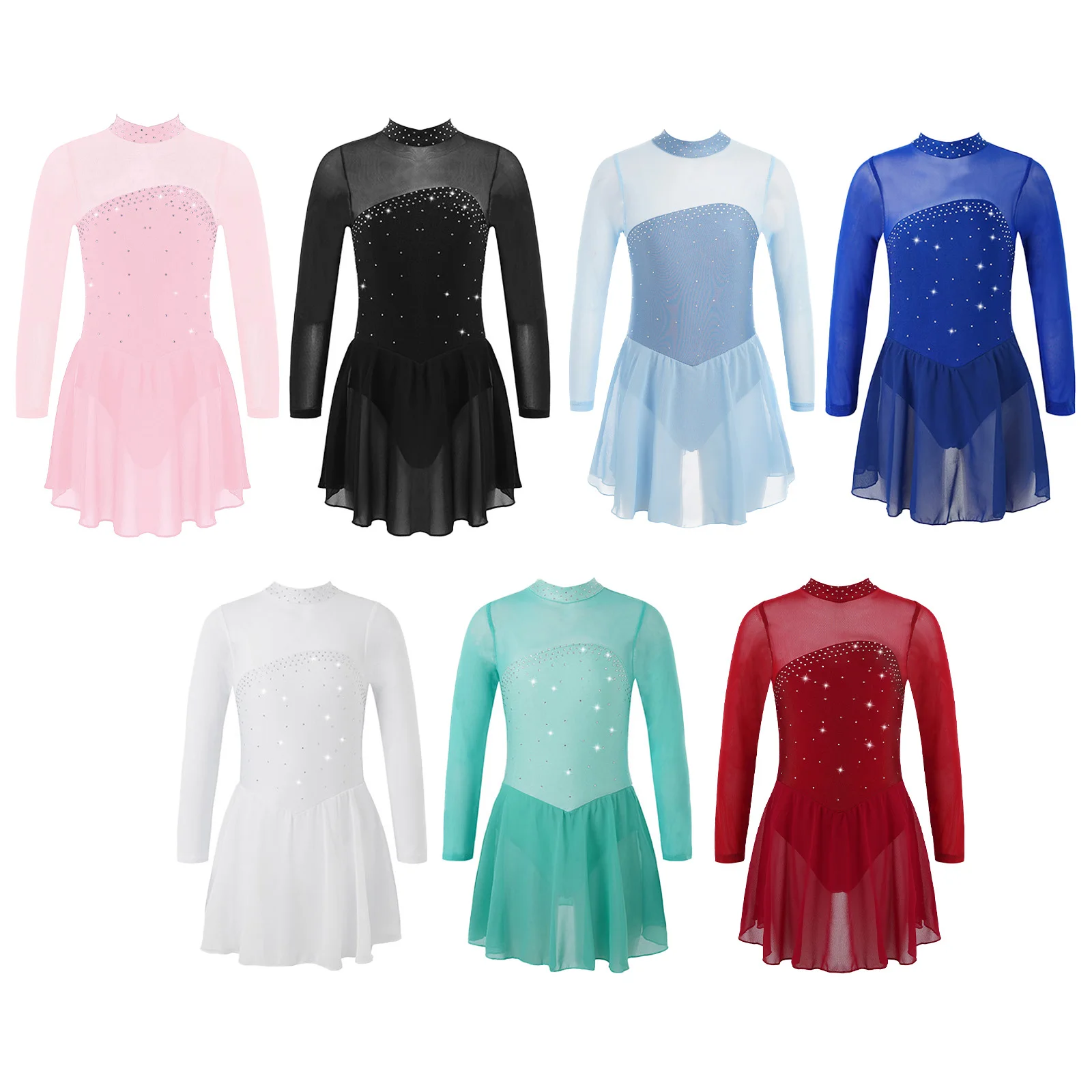 Children Girls Shiny Rhinestone Figure Skating Dress Long Sleeve Sheer Mesh Ballet Dance Gymnastics Leotard Training Dancewear