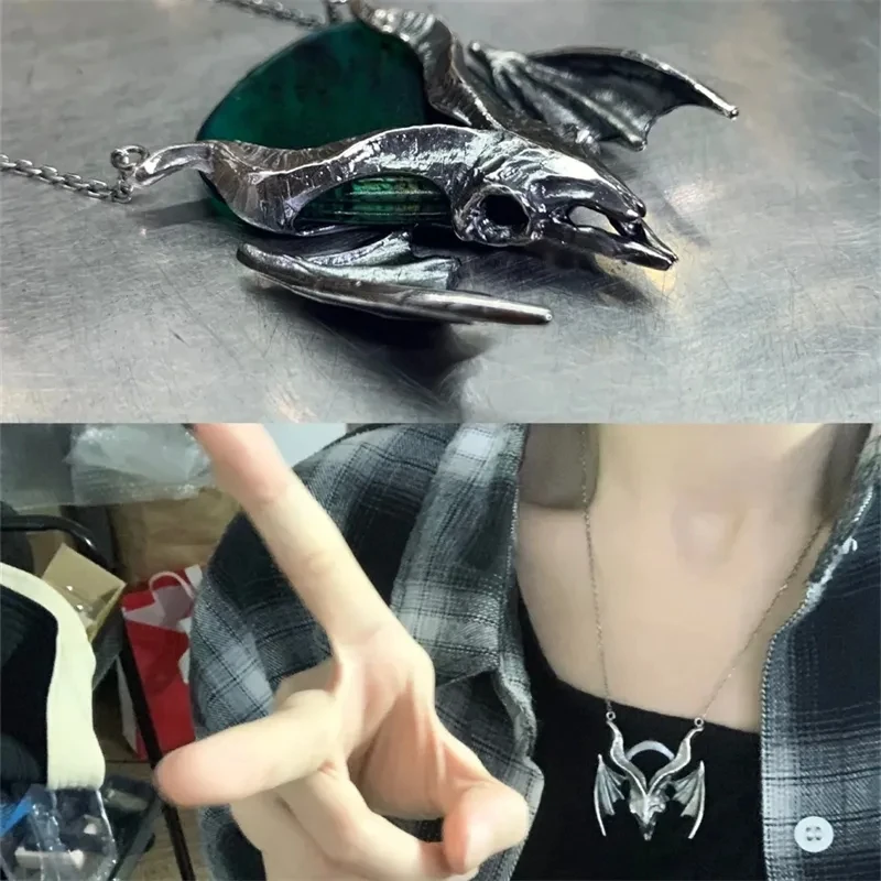 European and American Cool Handsome Personality Giant Dragon Skull Winged Pendant Necklace Invisible Inlaid Green Zircon Jewelry