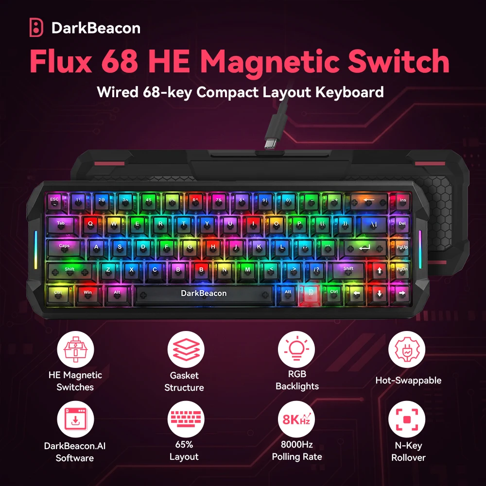 DarkBeacon HE Magnetic Switch Mechanical Gaming Keyboard 68 Key 65% Compact Hot Swappable RGB Backlit Wired Keyboard for Win/MAC