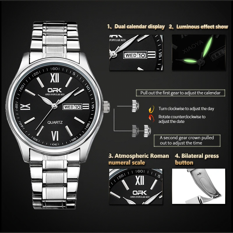 OPK 8123 Mens Watch Original Simple Quartz Watch Stainless Steel Day Date Watches For Man Waterproof Luminous Mens Gifts Reloj