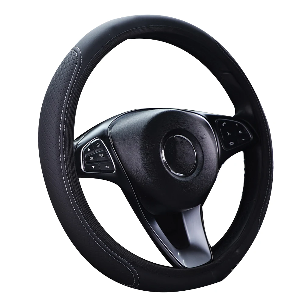 15 Inch Diameter Steering Wheel Cover with Breathable Leather Facing and Integrated Texture for Steady Steering Engagement