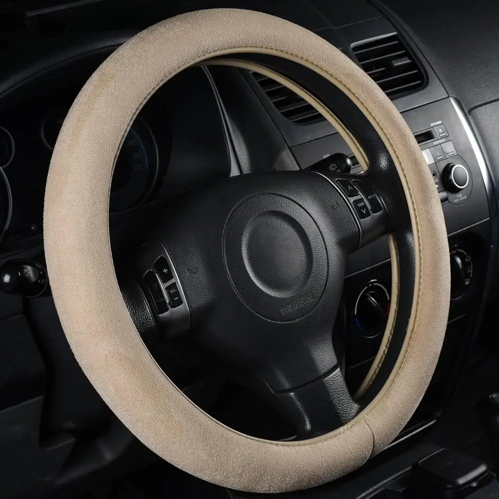

Чехол на руль автомобиля, 14,5-15 дюймов, бежевый, из искусственной замши, универсальный, с эффектом памяти, дышащий, противоскользящий