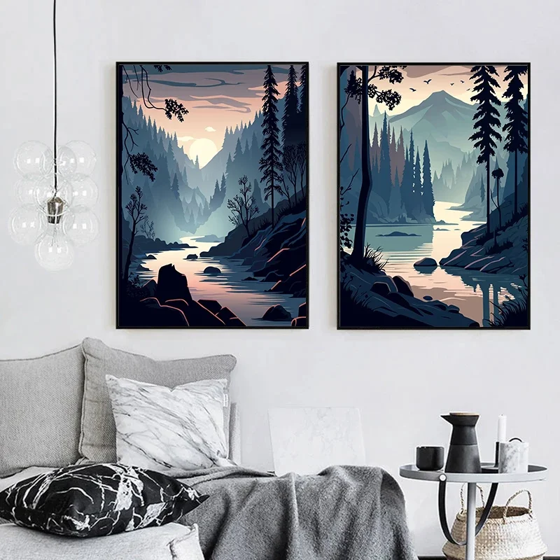 Multicolor Modern Abstract Landscape Pictorial Posters and Prints Mountain Island Beach Wall Art Canvas Painting Home Decoration