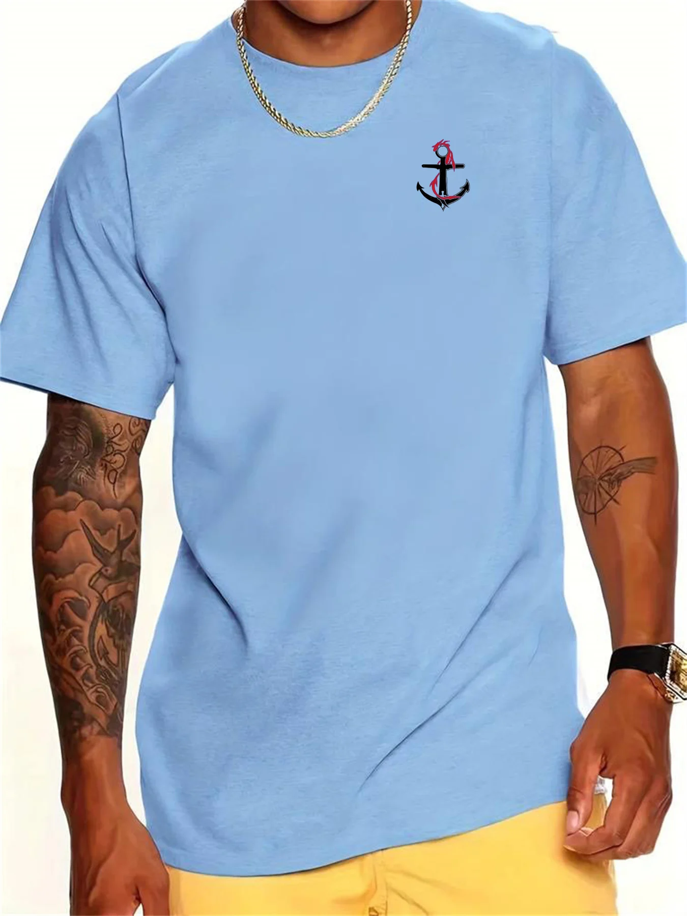 Men\'s 100% pure cotton summer loose oversized boat anchor pattern print casual slim fit round neck short sleeved T-shirt top