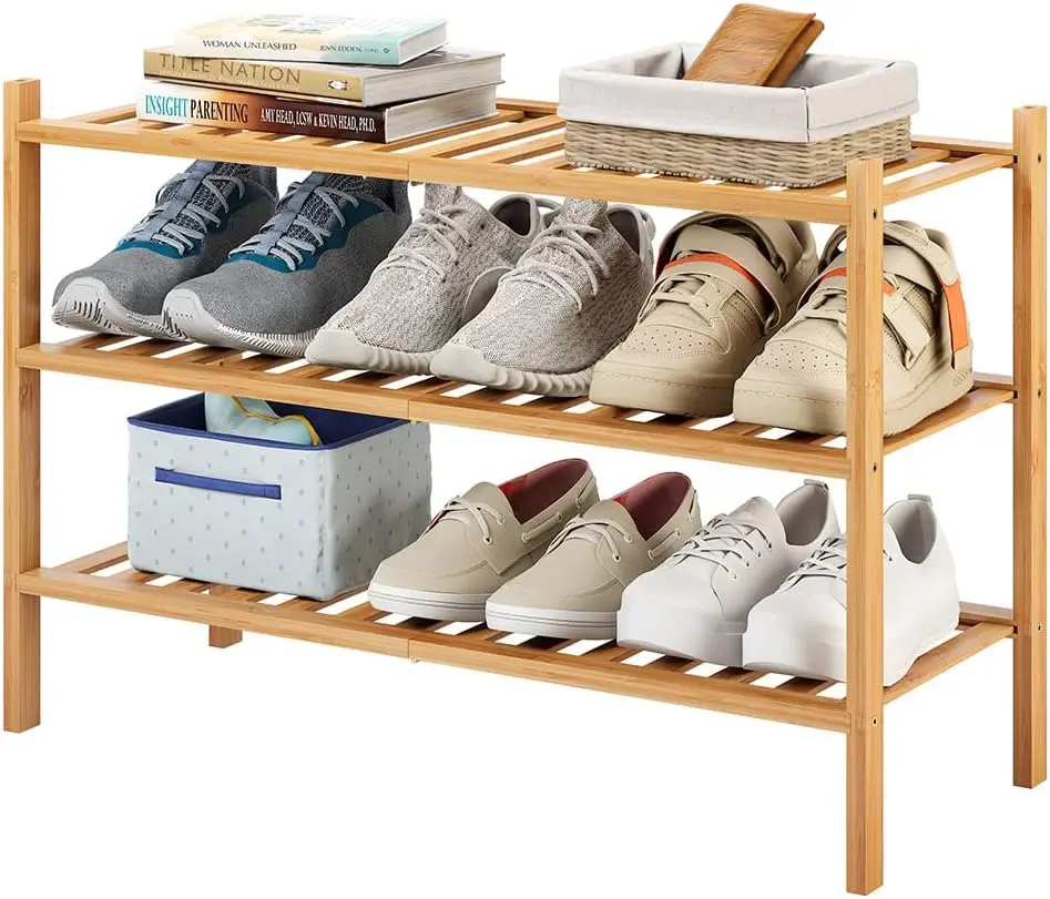 

3-Tier Bamboo Shoe Ra For Entryway, Stackable | Heavy Duty | Multi-Function, Free Standing Shoe Racks For Bedroom Hallway
