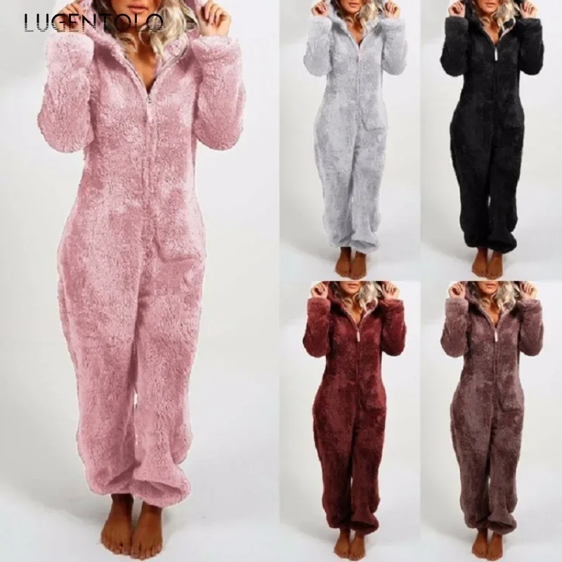 Women Cute Home Jumpsuits Hooded Plush Autumn Winter Zipper Casual Femlae Children Loose Comfortable New Cloth Available 5XL