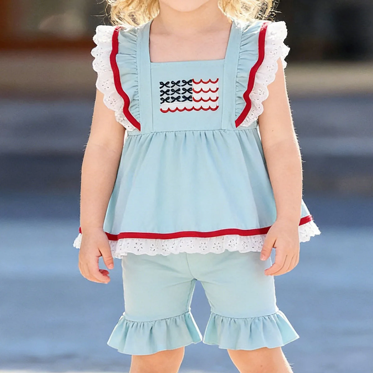 

Boutique Baby Girl Blue Flutter Sleeve Flags Tunic Tops Ruffle Shorts 4th of July Clothes Sets Toddler Clothing Wholesale