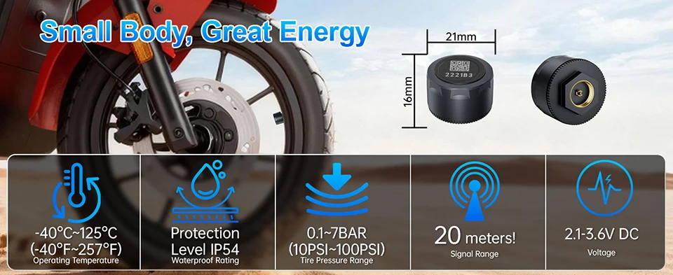 Moto TPMS IP67 Wasserdichtes Reifendruckkontrollsystem mit 2 Sensoren, Bluetooth 5.0, Moto-Zubehör, kompatibel mit iOS und Android. – Detail 3