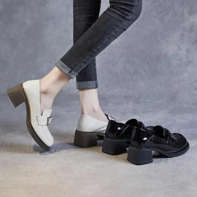5.5CM Women Thick High Heel Loafers Genuine Leather Round Toe Slip On Pumps 2025 Ladies Patent Leather Trend Casual Shoes image 6