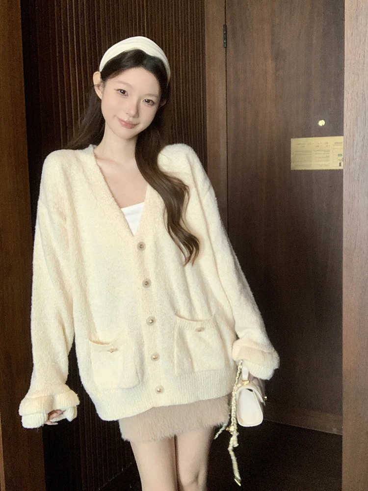 

French Elegant Knit Cardigan Women Loose Casual Lazy Wind Button Pocket Sweater Long Sleeve V Neck Chic Baggy Soft Female Tops