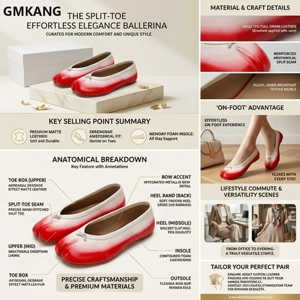 Women's Split Toe Leather Ballet Flats Gradient Wrinkled Slip On Shoes Comfortable Casual Walking Shoes