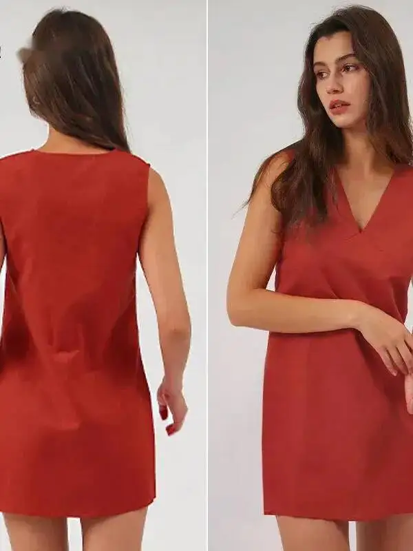 Leinen Sommer Damen Kleider Sexy V-Ausschnitt ärmelloses Basic Tank Kleid Elegante Partykleider Chic Boho Rotes Sommerkleid
