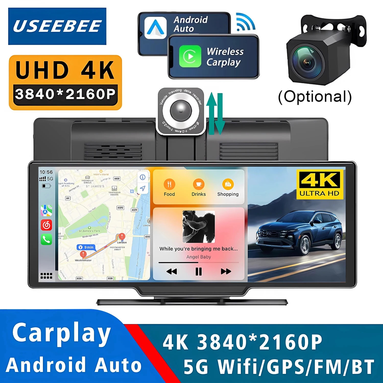 Dash Cam 4K 2160P Car DVR Wireless Carplay & Android Auto GPS Navigation Video Recorder Dashboard Dual Lens 5G Wifi FM AUX