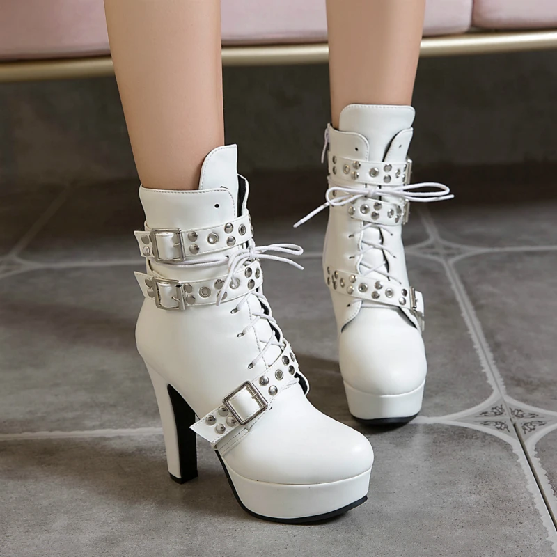 Women Ankle Boots Platform Lace Up High Heel Short Women Boots Buckle Red Yellow White Round Toe Sexy Ladies Shoes Large Size 48