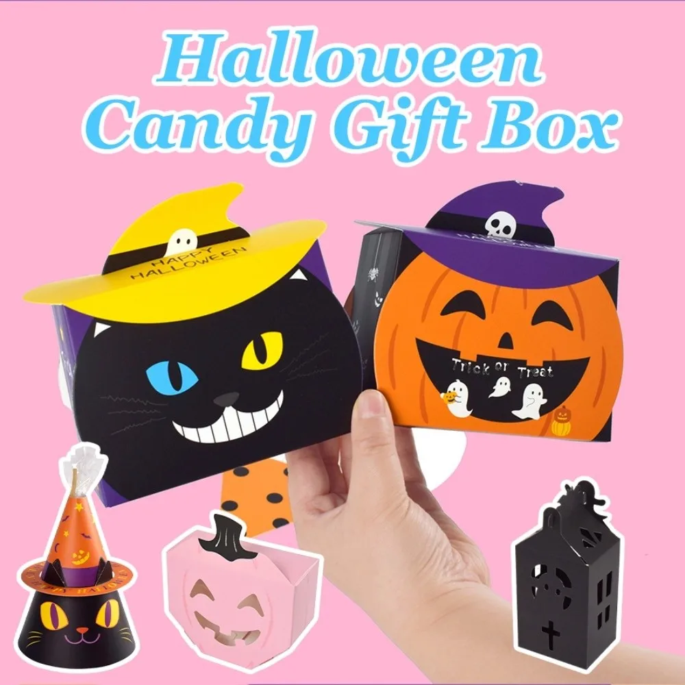 

10pcs Pumpkin Halloween Candy Gift Box Black Cat Ghost House Candy Packaging Box Cartoon Hollow Window Cookie Box Kids
