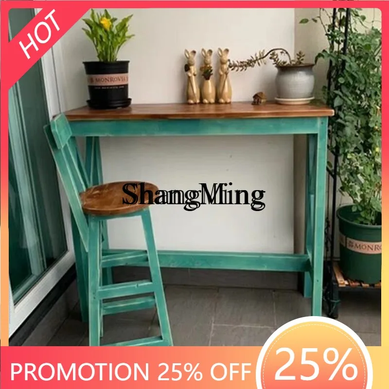

FG good-looking solid wood bar table small home retro old long bar table bar balcony against the wall high table combination