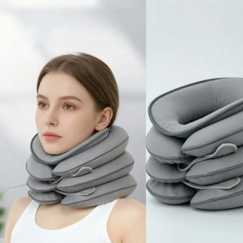 Adjustable 4-Layer Air Inflatable Neck Stretcher, U-Shaped Cervical Traction Pillow Orthopedic Support for Home Pain Relief