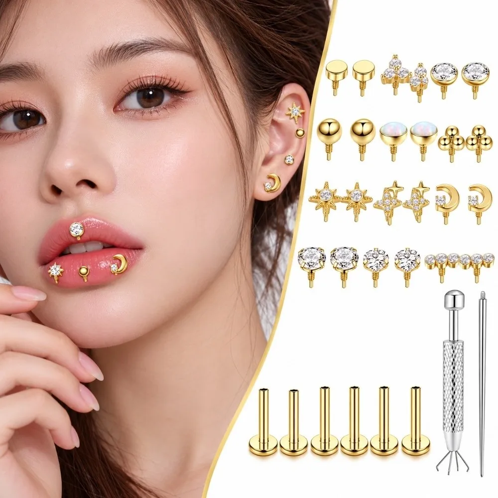 32pcs Stainless Steel Lip Piercing Jewelry Set Internal Thread Professional Earring Applicator Piercing Kit Earring Applicator