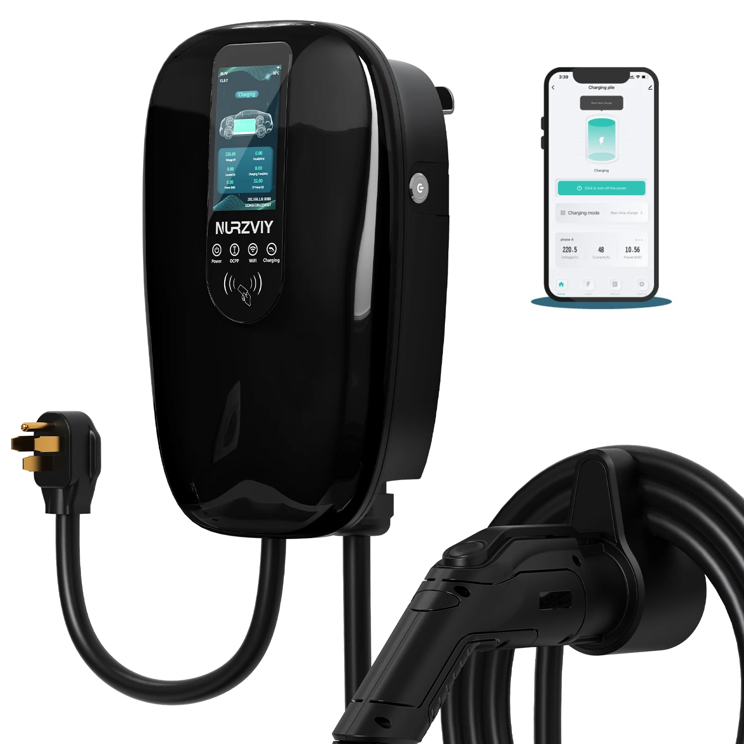 

Level 2 EV Charger for Home NURZVIY 90~260V 40 Amp Plug-in Electric Vehicle Charging Station with App Control, NEMA 6-50 EVSE