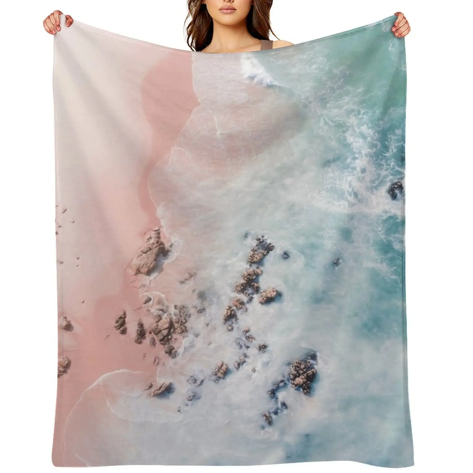 Sea Bliss - Aerial Pink Beach Ocean Sea photography by Ingrid Beddoes Throw Blanket wednesday Furry Beach Luxury Brand Blankets