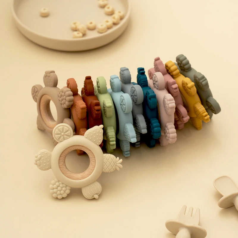 1개 아기 과일 모양 치발기 BPA 프리 실리콘 치발기 나무 링 포함 유아용 씹는 장난감 남아 여아 신생아 선물