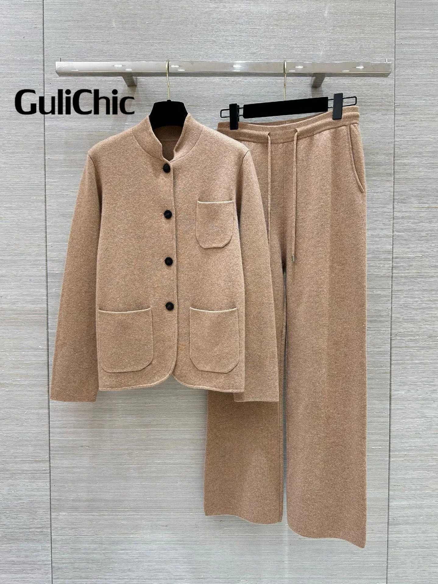 9.5 GuliChic 2024 Temperament Cashmere Knit Set Stand Collar Single-Breasted Pocket Cardigan +High Waist Straight Pants Women