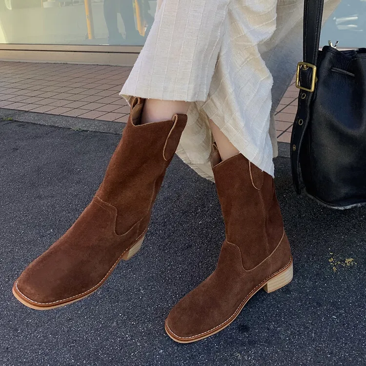 

Vintage Autumn Brown Suede Western Boots Slip On Casual Outside Footwear Square Toe Apricot Knight Botines Femininos Zapatos