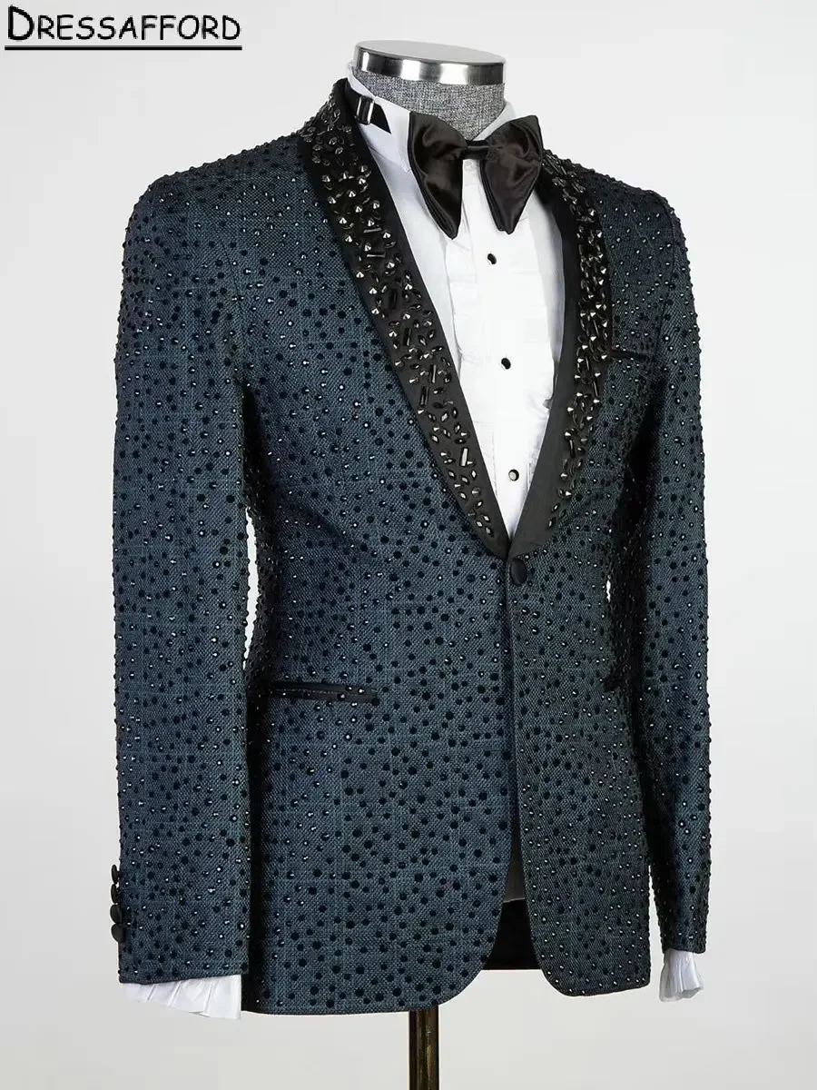 Blazer masculino com glitter de cristal, roupa do noivo, jaqueta e calça, roupas de festa noturna, 2 peças