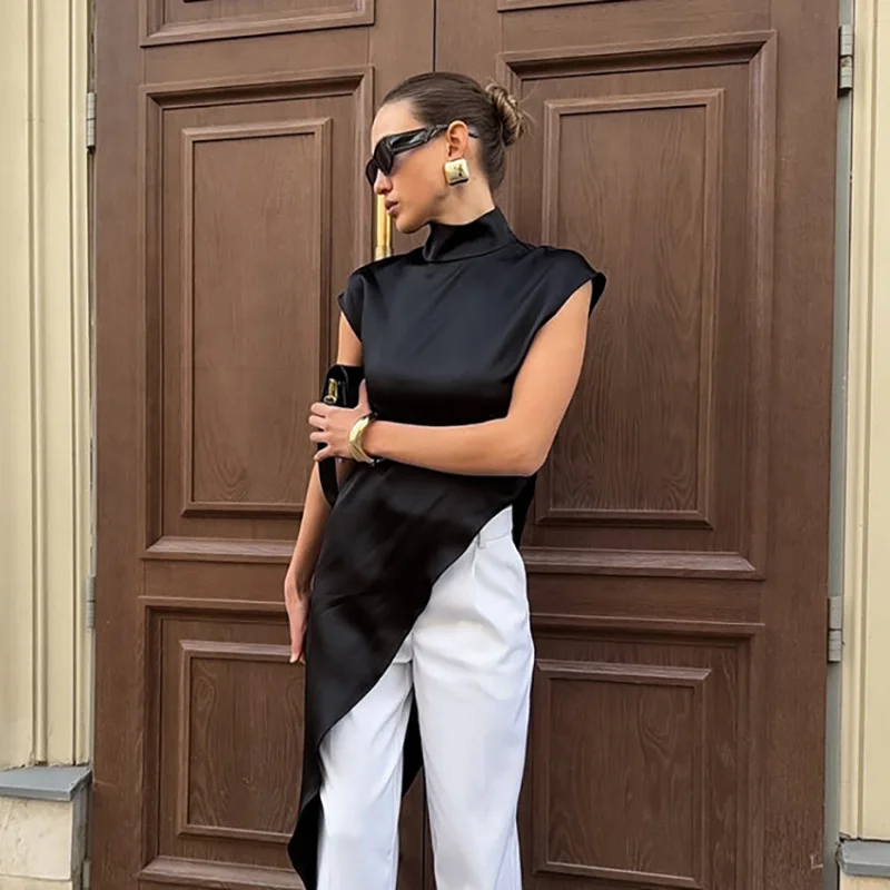 

Summer Satin High-End Loose High Neck Sleeveless Fashion Design Asymmetric Dress Casual Dress for Women