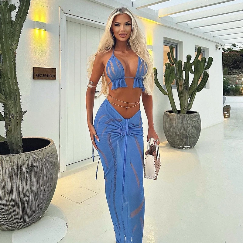 

Knitted Two Piece Womens Dresses Set Summer Hollow Backless Halter Crop Top Drastring Long Skirt Dress Women's Beach Outlet 2025