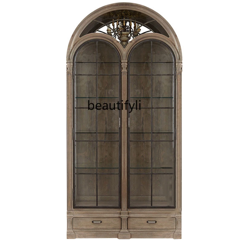 American-Style Solid Wood Wine Cabinet Side Cabinet Integrated Wall Semicircle Arched Glass Door Display Cabinet High-End