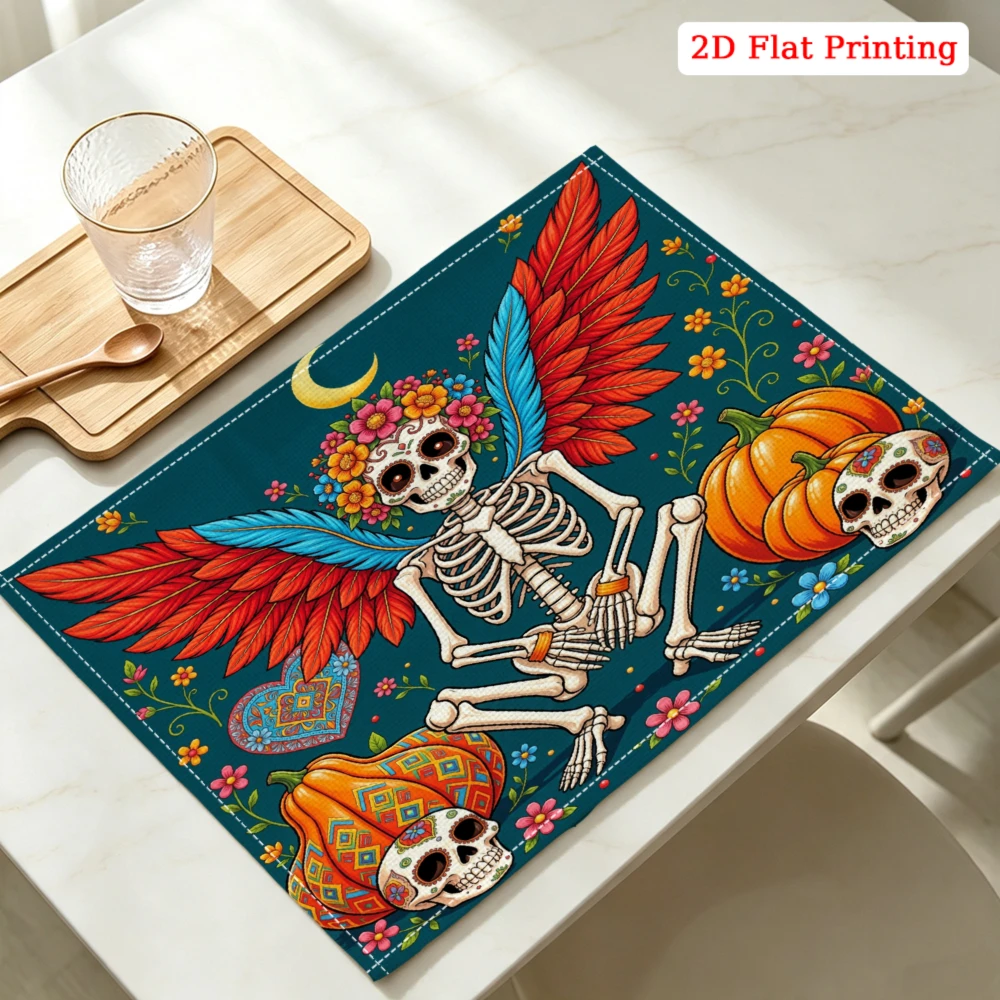 Winged Skeleton With Pumpkins Kitchen Placemat Coaster Linen Pad Dish Coffee Cup Table Mat 30x40cm Home Decor