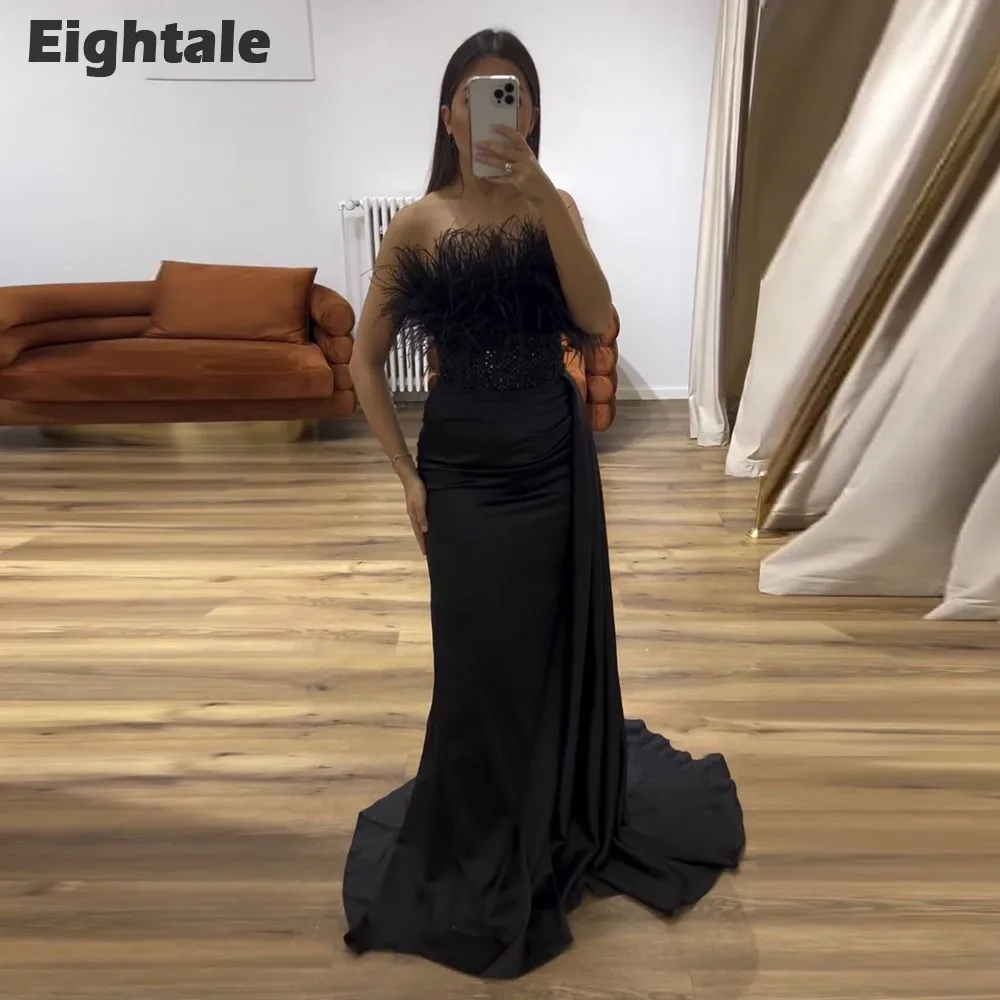 

Eightale Feather Evening Dress Satin Strapless Sequin Mermaid Prom Gowns Celebrity Wedding Party Dress Robes De Soirée