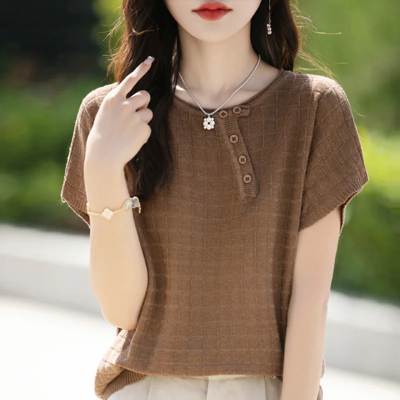 New models Women's knitted Pure cotton pullover Round neck Short sleeved Button decoration High quality Loose fitting sweater