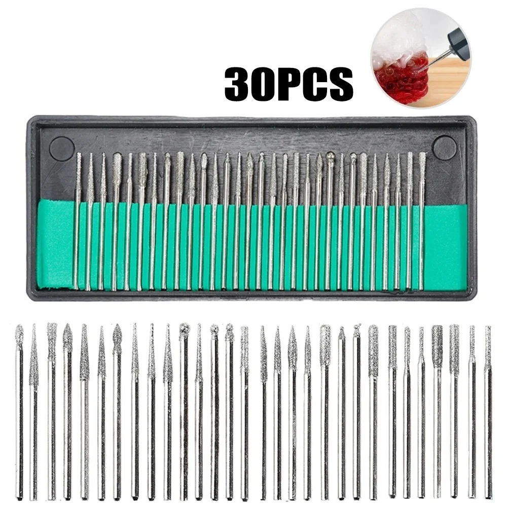 Conjunto de 30 Brocas Diamantadas de 2.35mm/3mm com Estojo, Fresas Elétricas, Brocas Rotativas Dremel, Ferramentas Manuais para Polimento