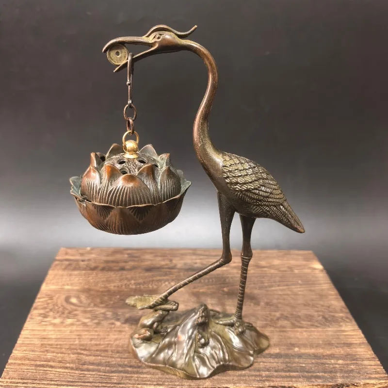 Vintage Crane Lotus Flower Incense Burner Antique Metal Ornament Tea Ceremony Artifacts Home Decor Statues for Decoration