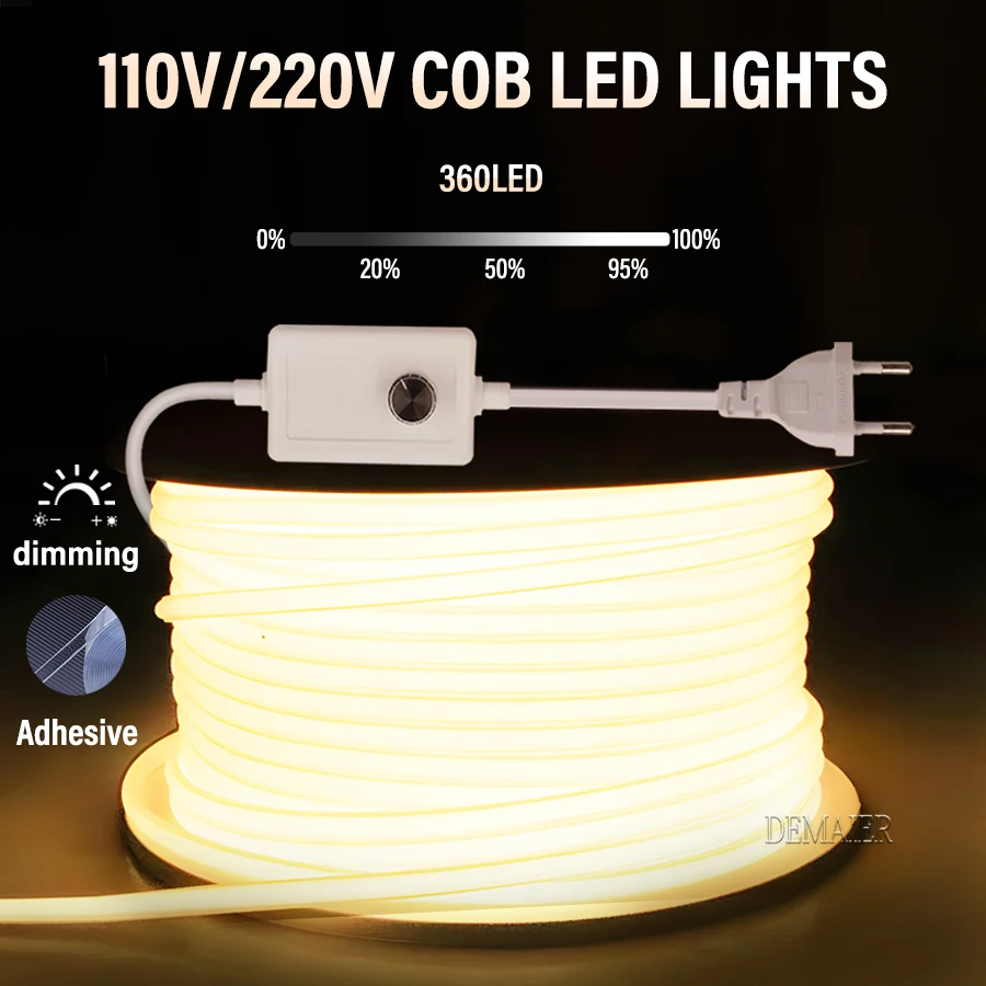 COB LED 네온 스트립 조명, 220V 전원, EU 플러그, 조도 조절 스위치, RA90 360LED/m, 높은 루멘, 방수 주방 옷장 백라이트 