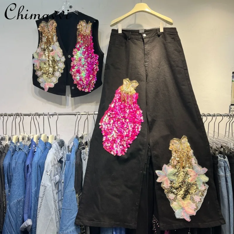 

European Station 2025 Summer New Heavy Industry Vest with Colorful Flower Sequins Black Thin Trousers Two-piece Set for Women