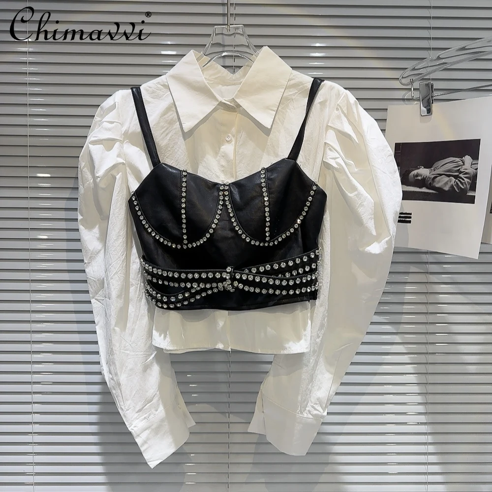 French Elegant Fashion Rhinestone Beaded PU Camisole Polo Collar Puff Sleeve Single-Breasted White Shirt Tops Women 2 Piece Set