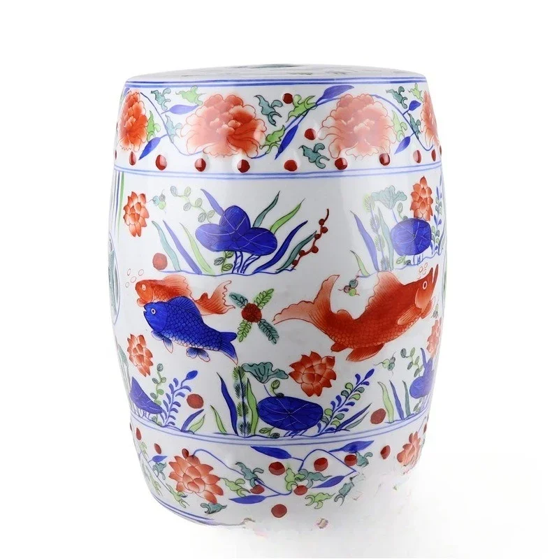 Ceramic stool, hand-painted alum, red pine, crane drum stool, blue and white bucket colorful fish, algae pattern cool pier
